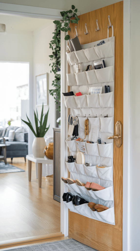 Over-the-door organizer with multiple storage pockets in a hallway.
