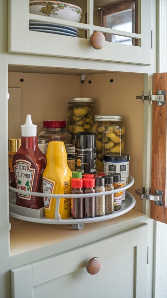 Lazy Susan rotating tray for easy kitchen storage.