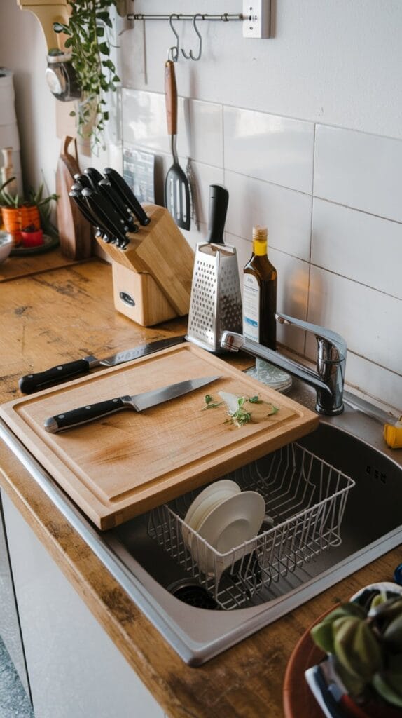 Over-the-sink cutting board in a small kitchen.
