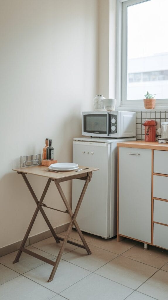Foldable dining table in a small kitchen, saving space when not in use.