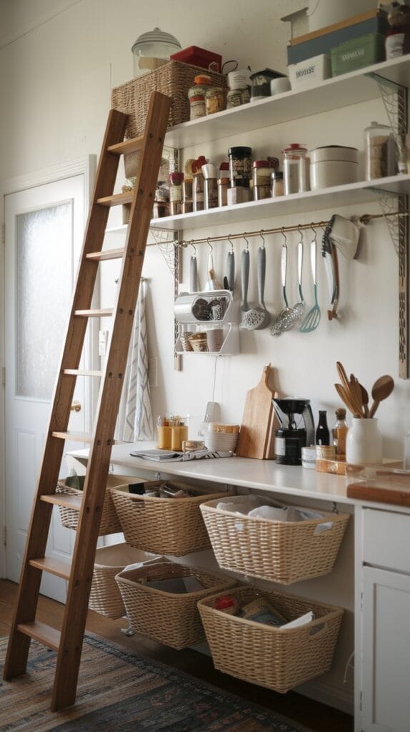 Under-shelf baskets hanging beneath a kitchen shelf for extra storage.
