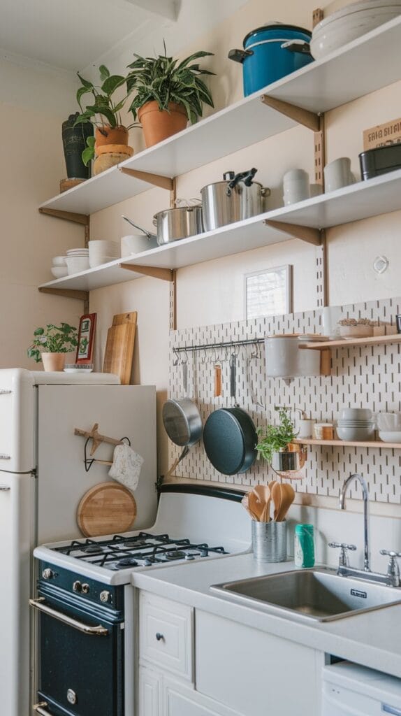 A small kitchen utilizing wall-mounted shelves and pegboards for vertical storage.