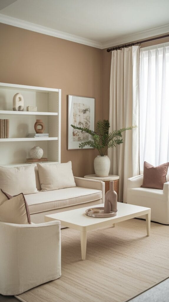 A small living room in a neutral color palette with beige and white tones.