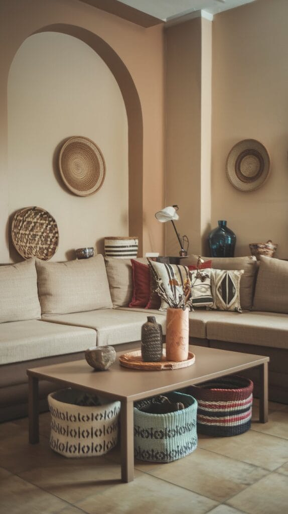 Decorative baskets and bins for stylish storage in a small living room.