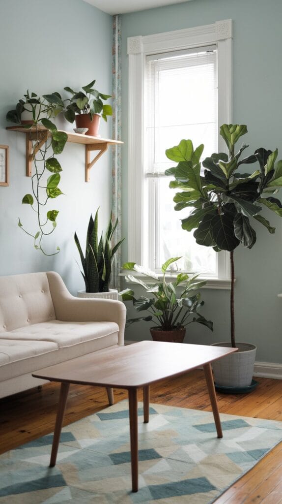  A small living room with potted plants, including a fiddle-leaf fig and pothos.