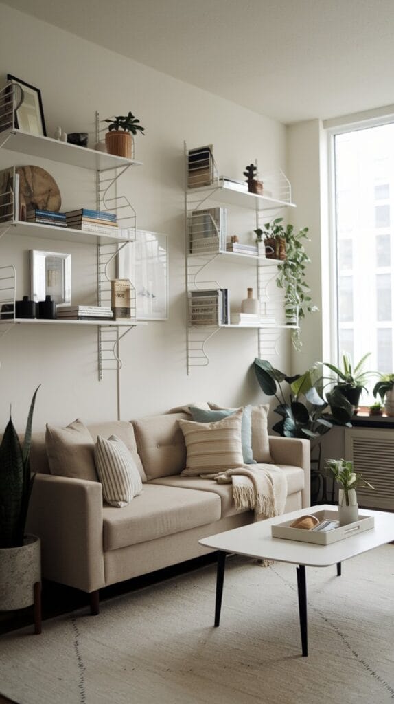 Minimalist living room with floating shelves for stylish and efficient storage.
