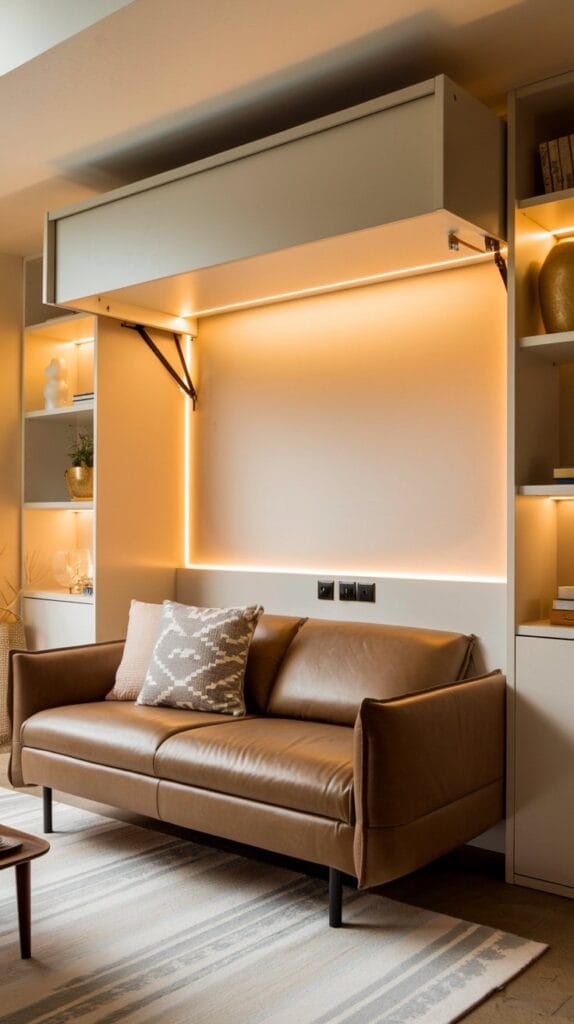 A Murphy bed with a built-in sofa in a small living room, displayed in both sofa and bed form.