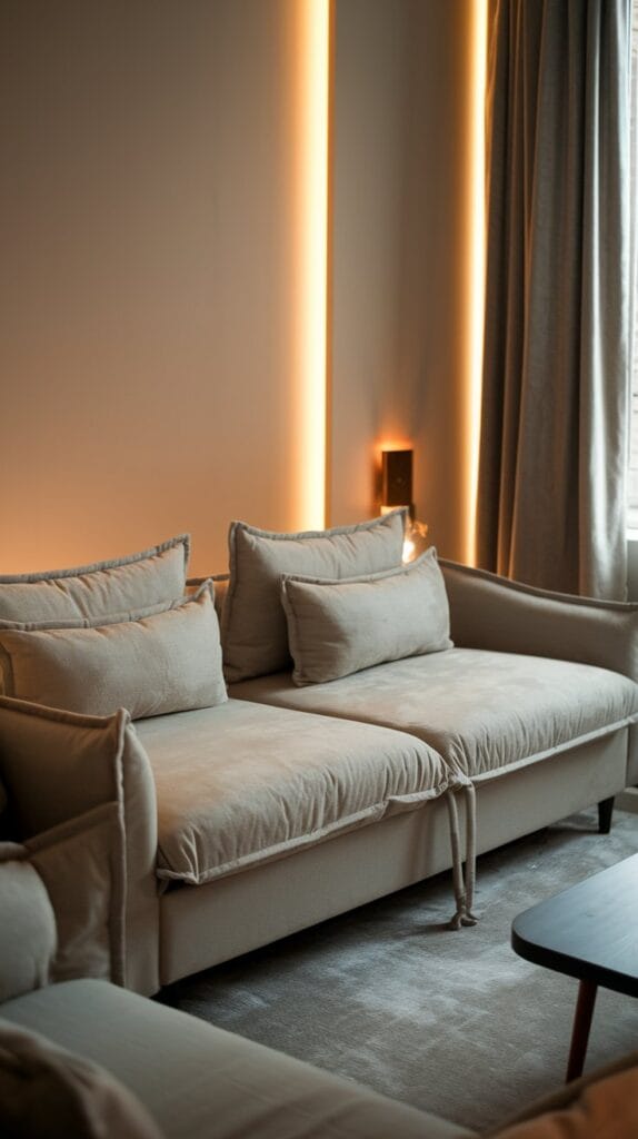 A stylish convertible sofa bed in a small living room, shown in both sofa and bed form.
