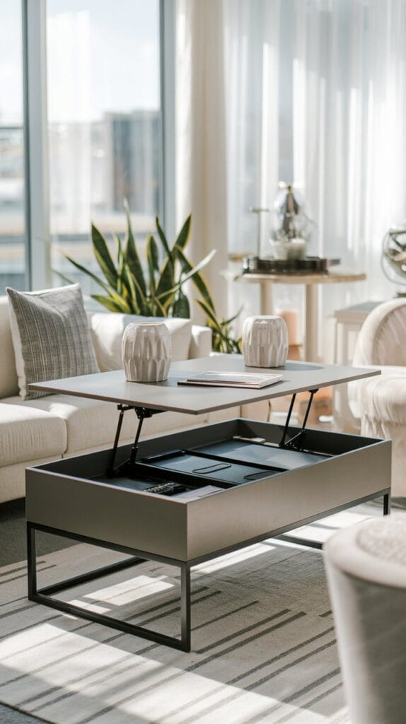A modern lift-top coffee table with hidden storage, placed in a stylish small living room.