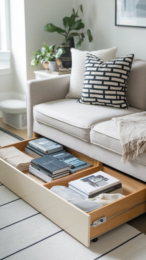 Under-sofa storage in a small living room for hidden organization.