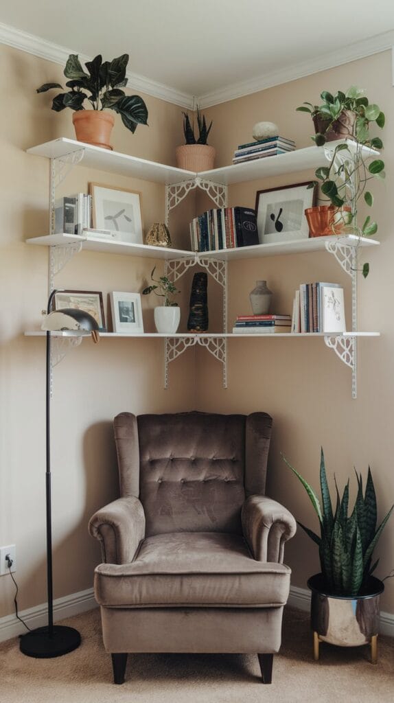 Corner shelving units in a small living room, perfect for maximizing corner space.