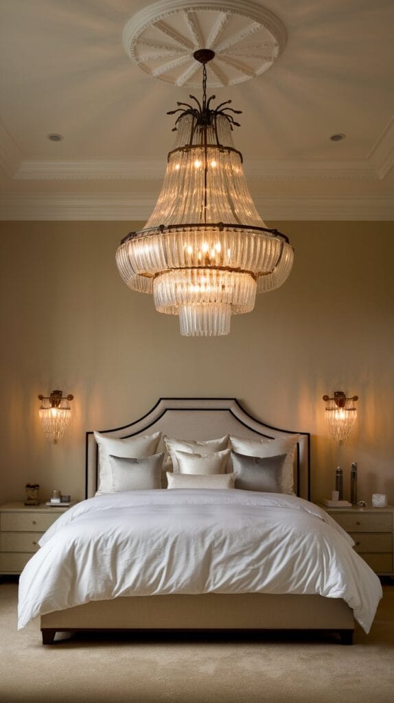 Bedroom with a luxurious chandelier hanging from the ceiling for an elegant ambiance.