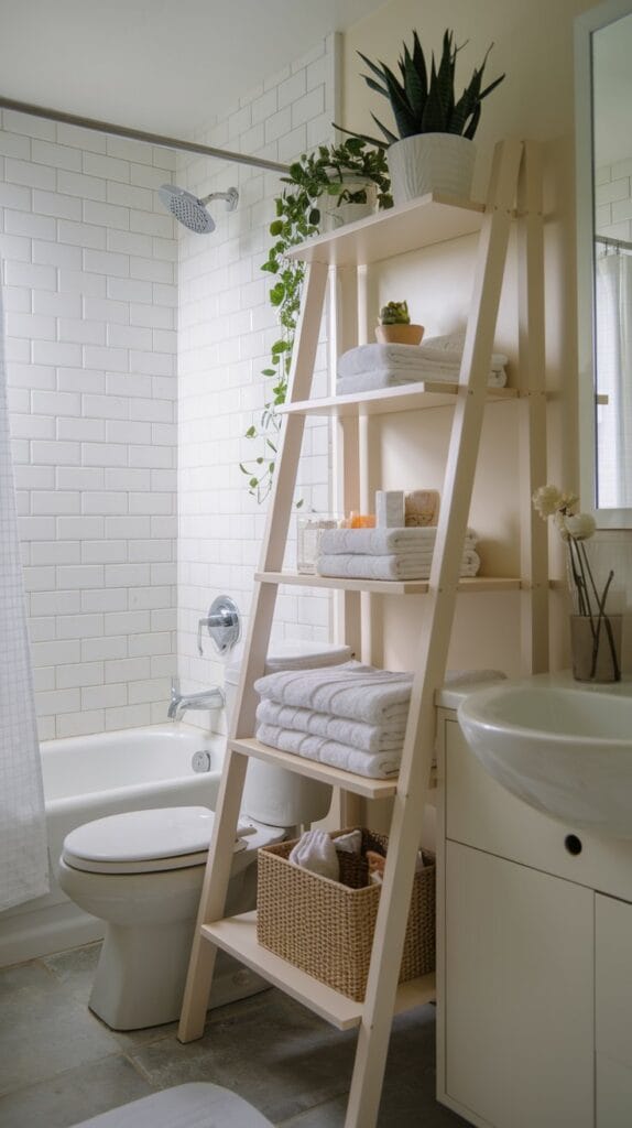 Leaning ladder shelf in a small bathroom for towels and decor.