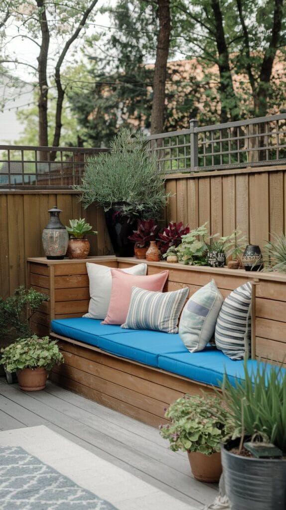 A wooden built-in bench with cushions along a backyard fence.