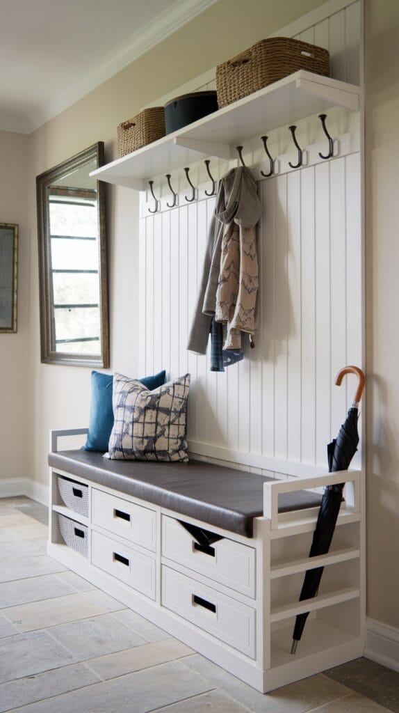 Multi-purpose storage bench in an entryway with hidden compartments.