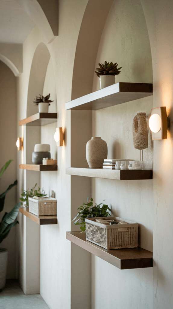 Wall-mounted shelves in a modern hallway with storage baskets and decor.