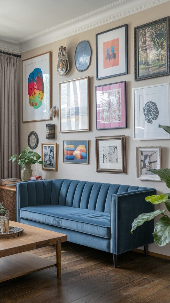  Living room with a colorful gallery wall of art and photos.