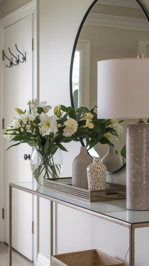 Stylish console table in a modern entryway with decorative accents.