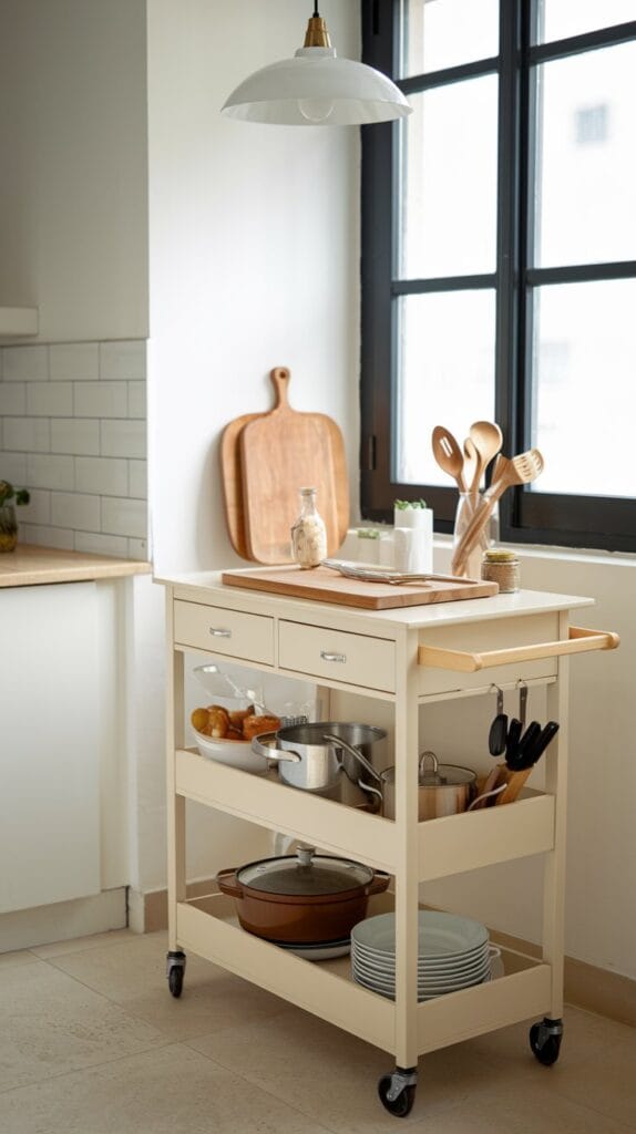 Rolling kitchen cart with storage space in a small kitchen.