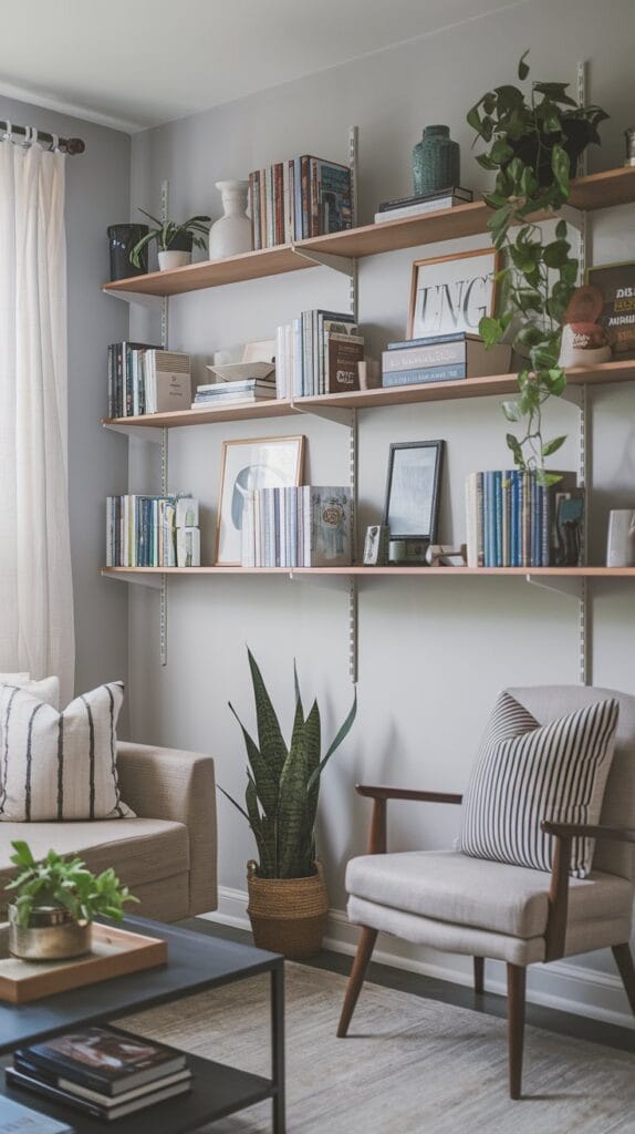 A small living room with wall-mounted shelves holding books and plants.