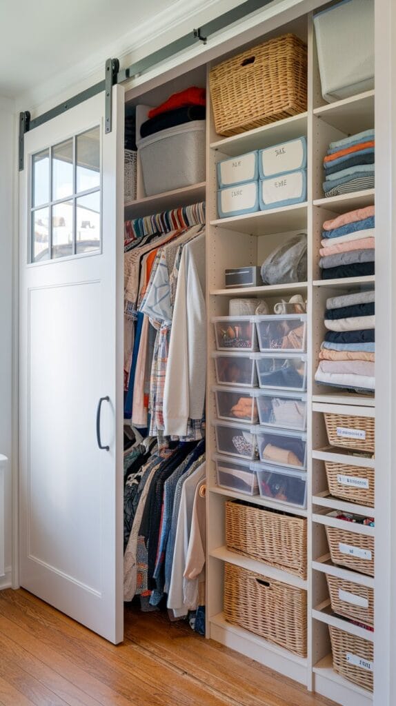 A small closet with tall shelving units and stacked storage bins, utilizing vertical space effectively.