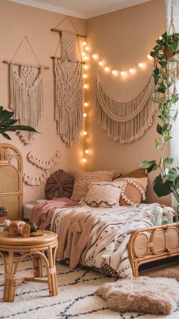 A cozy boho-chic teenage girl’s bedroom with earthy tones, macrame decor, and warm lighting.
