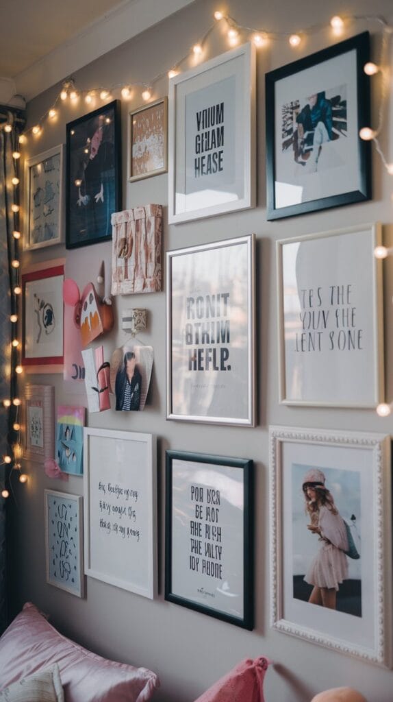 A teenage girl’s bedroom with a stylish gallery wall displaying artwork, photos, and quotes.