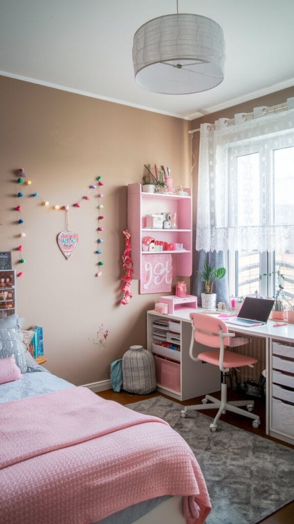 A DIY creative corner in a teenage girl’s bedroom with a workspace for art and crafts.