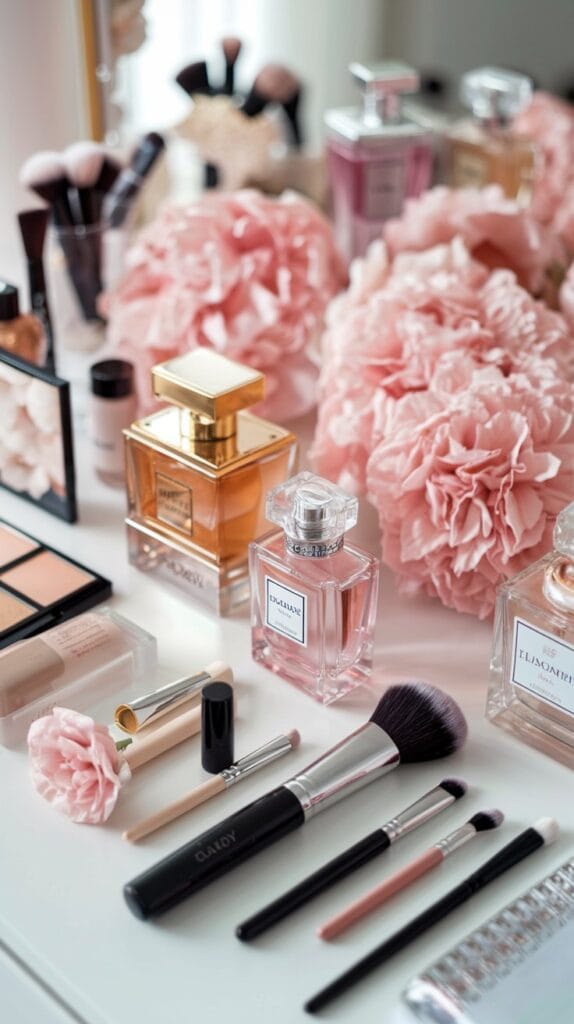 A beautifully arranged vanity with perfumes and beauty essentials.