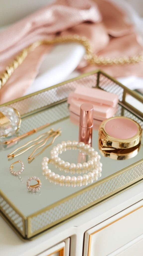 A vanity tray with pearl jewelry and gold-accented decor.