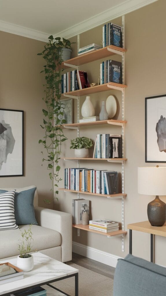 Vertical storage unit in a small room to maximize space.