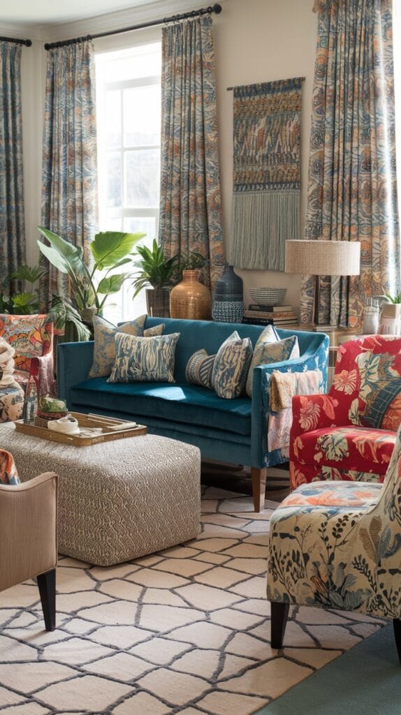 A living room with a mix of colorful patterned cushions and rugs.