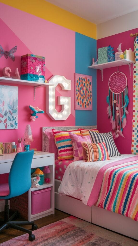 A teenage girl’s bedroom with bold and bright colors, playful decor, and a lively atmosphere.
