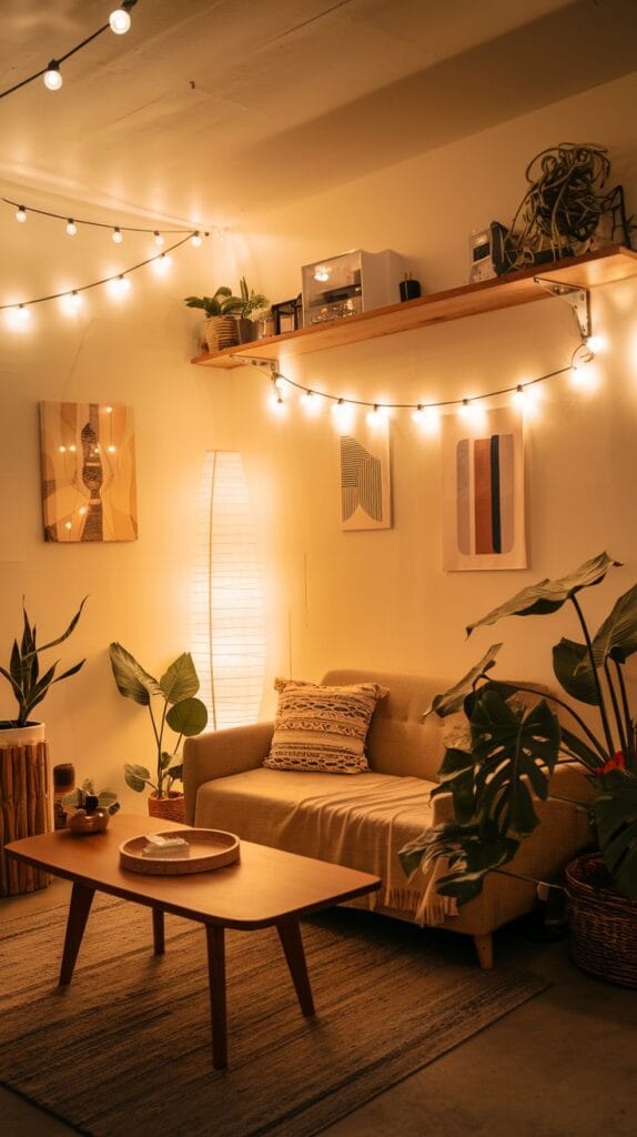 A cozy living room with soft lighting, including string lights and a floor lamp.