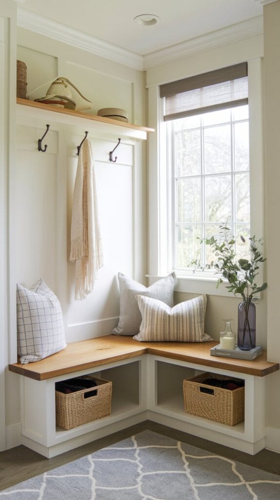 A space-saving corner bench with built-in storage in a cozy hallway.