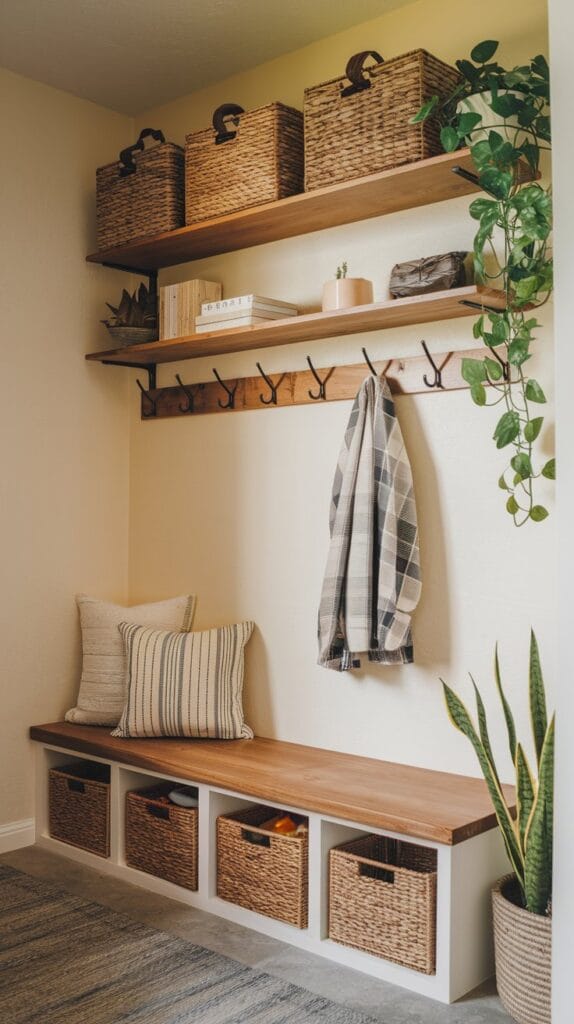 Floating shelf with storage baskets in an entryway.