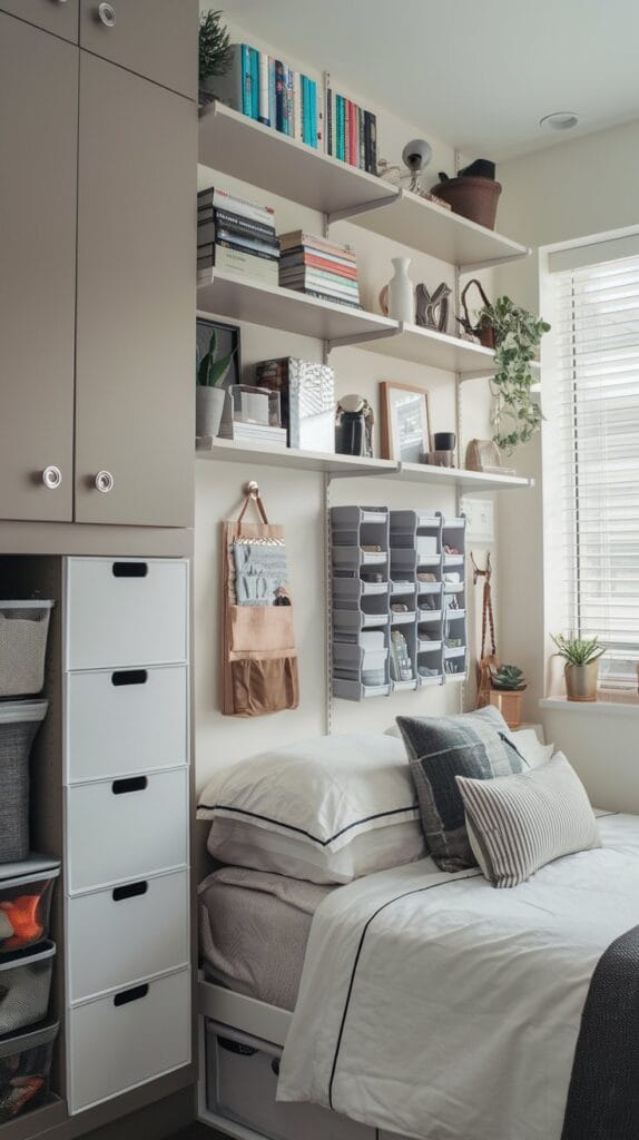 Small bedroom with floating shelves and wall-mounted storage solutions.