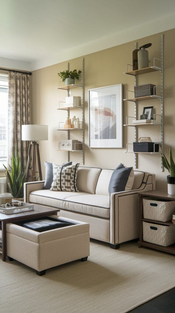 A small living room with smart storage solutions like hidden compartments and vertical shelves.