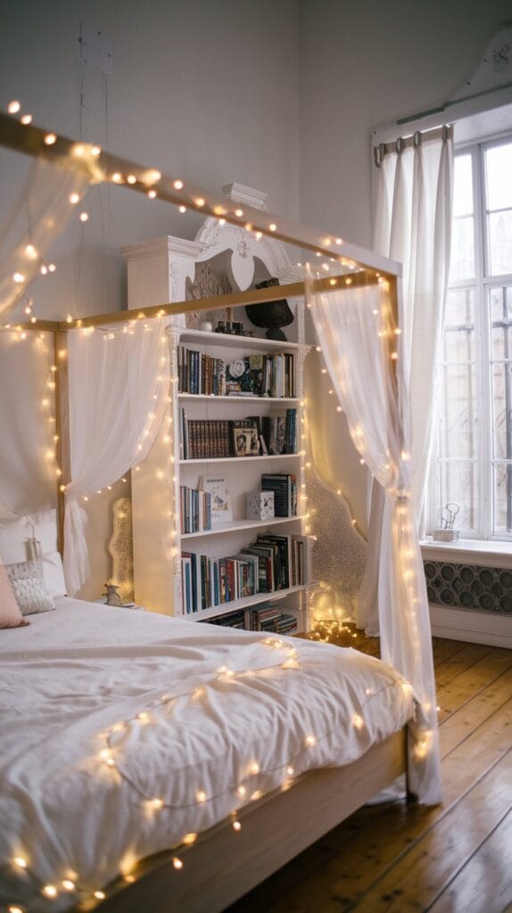 Bedroom with fairy lights draped across the bed and walls for a magical ambiance.