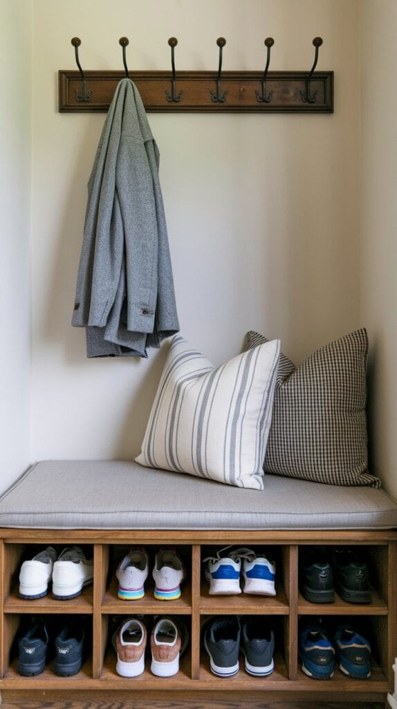 Shoe storage bench in an entryway with open cubbies and a cushioned seat.