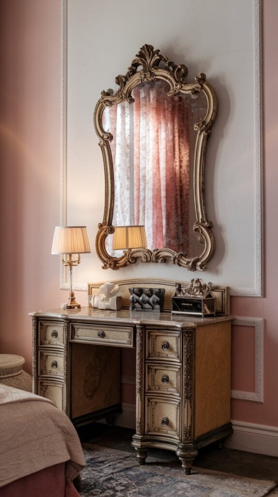 Ornate gold-framed mirror above a vintage vanity.