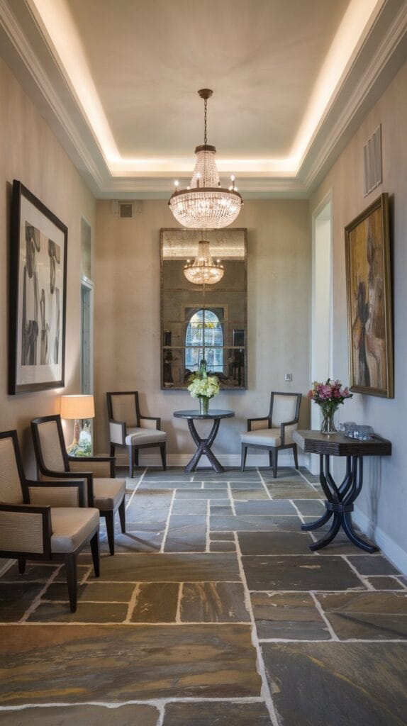 Luxury entryway with elegant natural stone flooring.