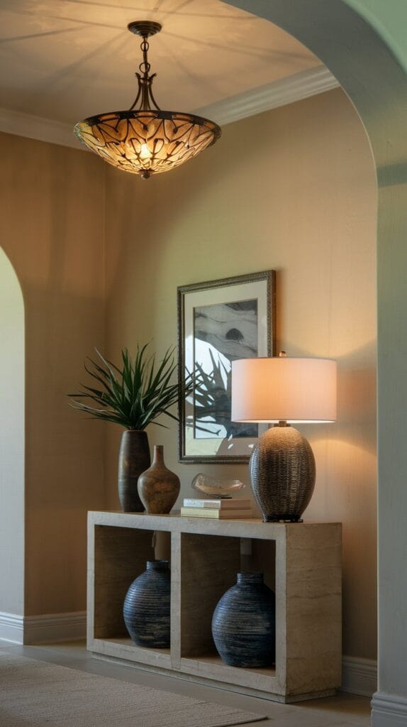Decorative pendant light and table lamp in an entryway.
