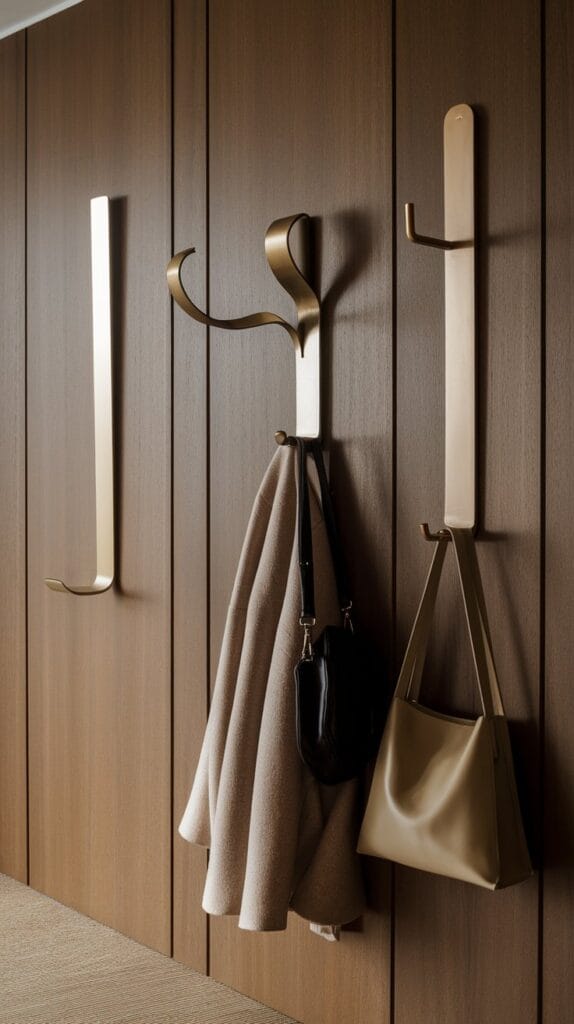 Stylish wall-mounted hooks for coats and accessories in an entryway.