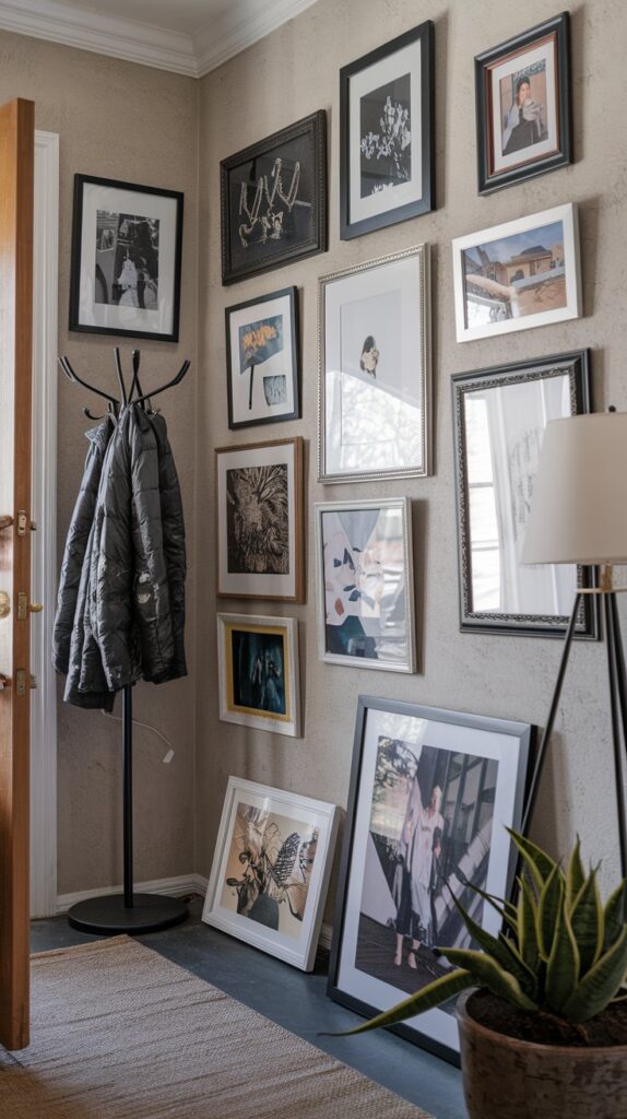 Framed photos and artwork in a personalized entryway.