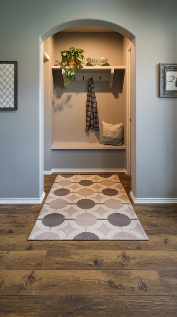 Cozy entryway with laminate wood-look flooring.