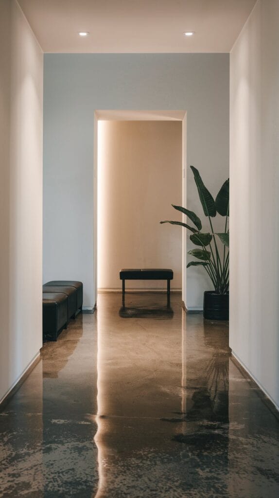 Industrial chic entryway with polished concrete flooring.