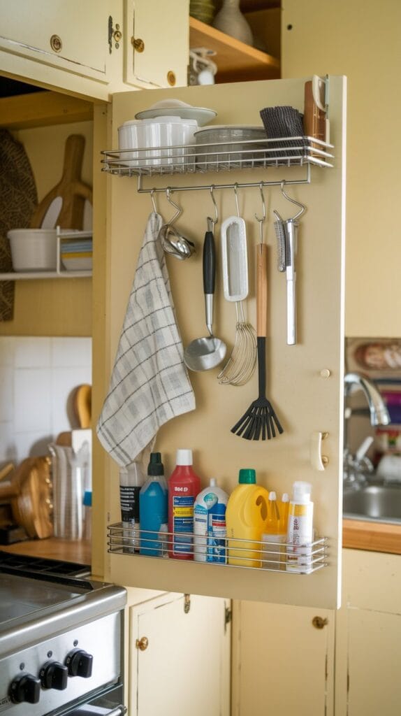Cabinet door organizers with hooks and racks inside a small kitchen.