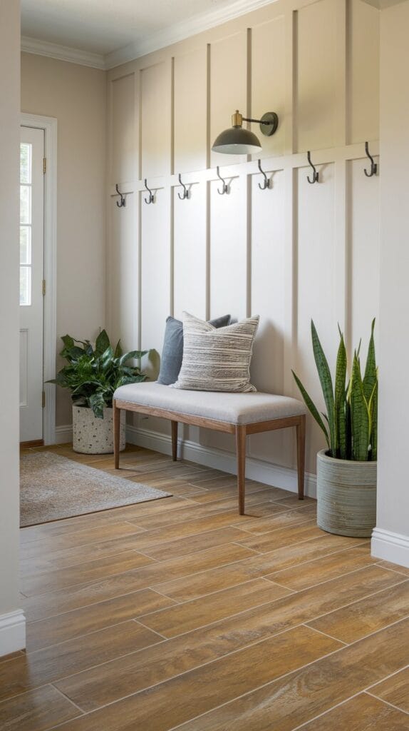 Entryway with luxury vinyl tile flooring mimicking wood.