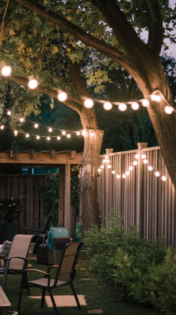 Outdoor string lights hanging between trees and fences.